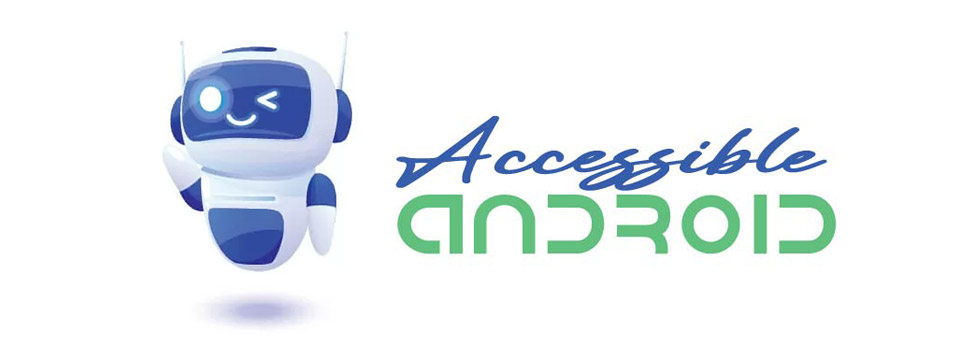 Accessible Android logo. The logo shows a robot floating in the air. It has a blue face, ears, belly and shoulders, with a blinking right eye and a left arm saluting. The text on the right is Accessible Android.