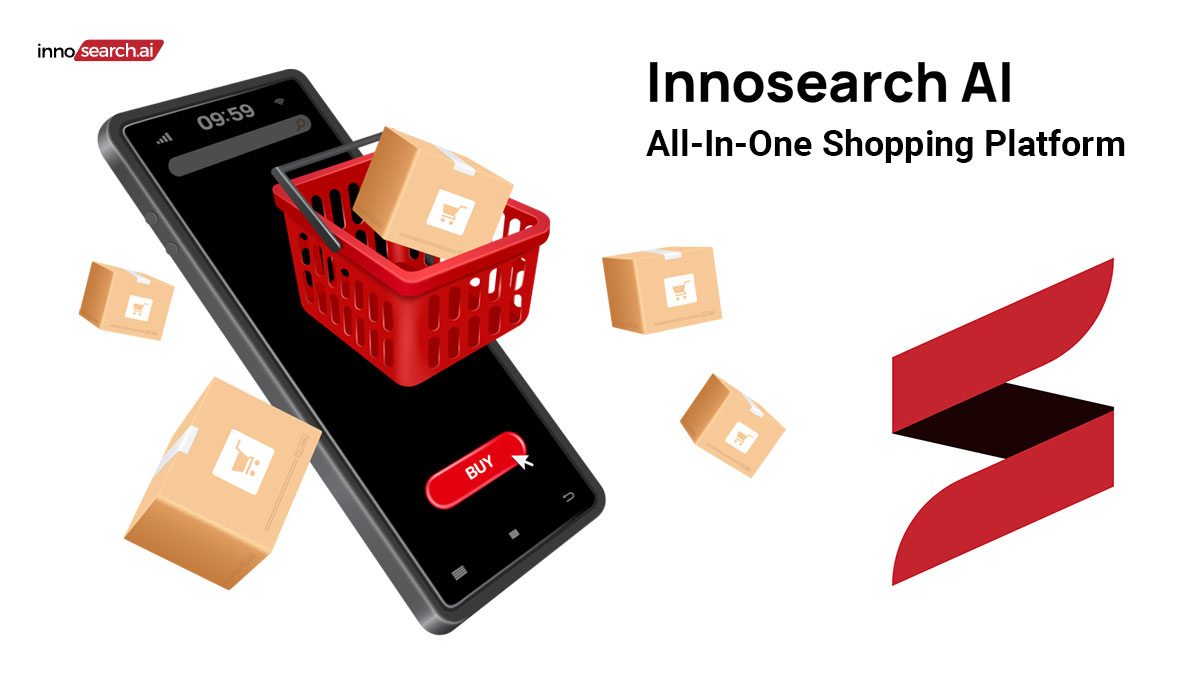 The image shows a promotional graphic for Innosearch.ai, an all-in-one shopping platform. On the left side, there is a large smartphone screen displaying a red 'Buy' button. On top of the smartphone, a red shopping basket is filled with cardboard boxes, representing online shopping. More boxes are shown floating around the phone, enhancing the dynamic effect. In the top right corner, the text reads 'Innosearch AI' followed by 'All-In-One Shopping Platform.' The bottom right corner features the Innosearch.ai logo, a stylized red and black design resembling a folded ribbon or abstract 'S' shape.