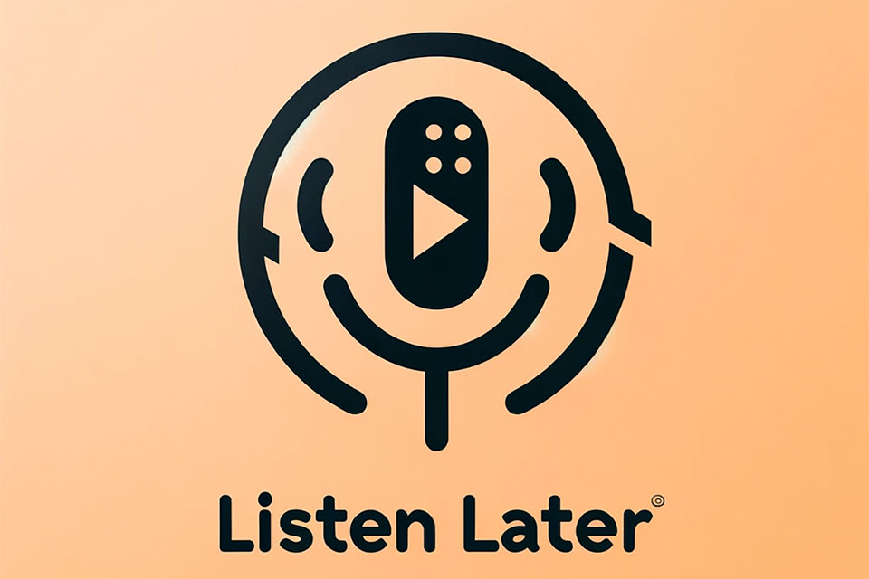 Listen Later logo. A podcast microphone with a play button on it.