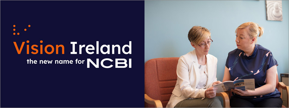 NCBI logo next to an image of one person giving advise to another.