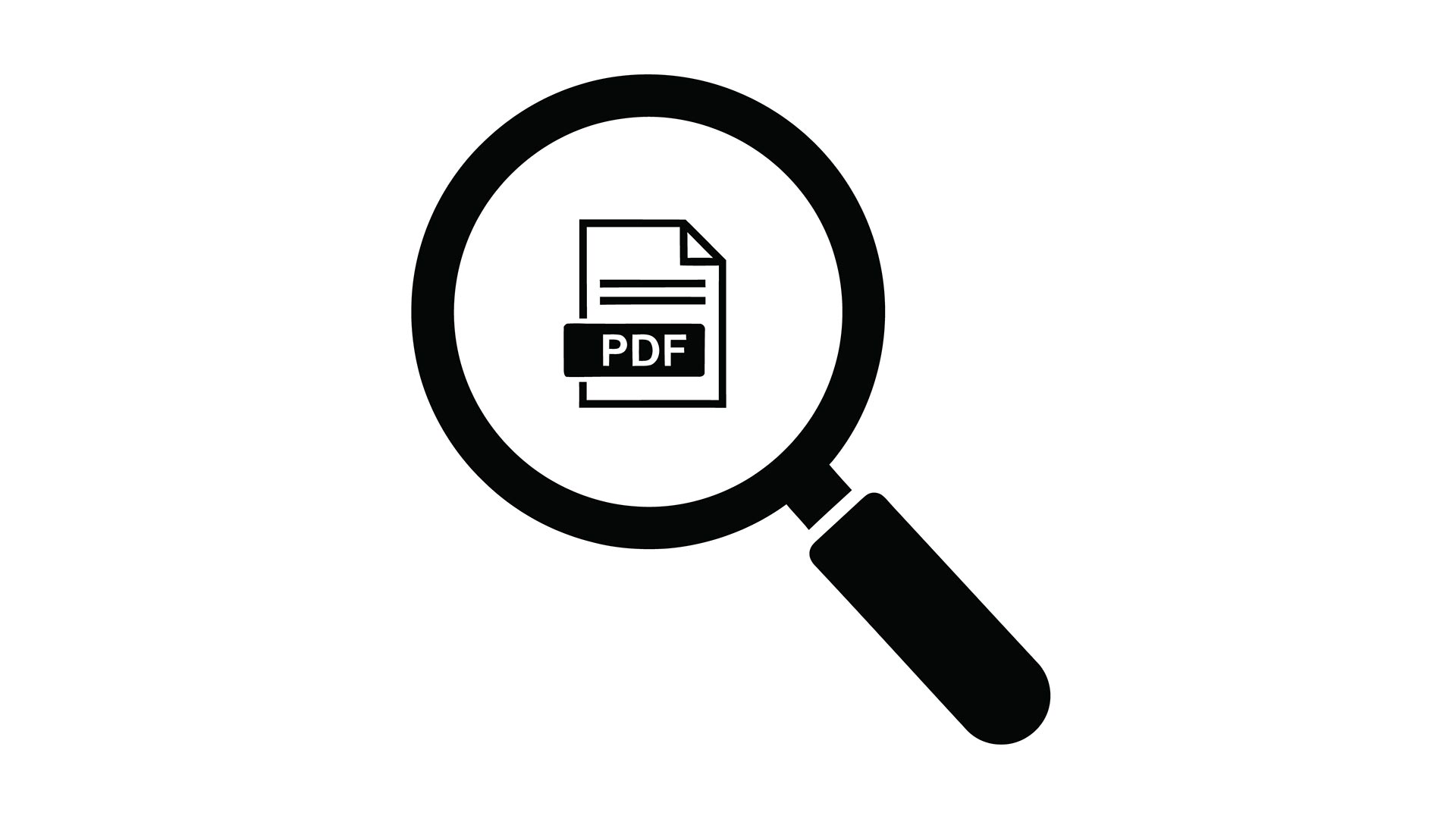 Black magnifying glass icon tilted diagonally with a thick handle, enclosing a simple document symbol labeled PDF with two horizontal lines, all set against a light gray background, suggesting searching or viewing a PDF file.