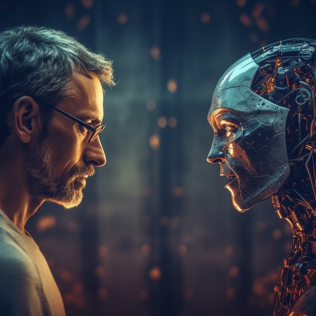 Image generated by Midjourney. A man in glasses stands staring at a robot. The robot stares back at the man. Serious tone.